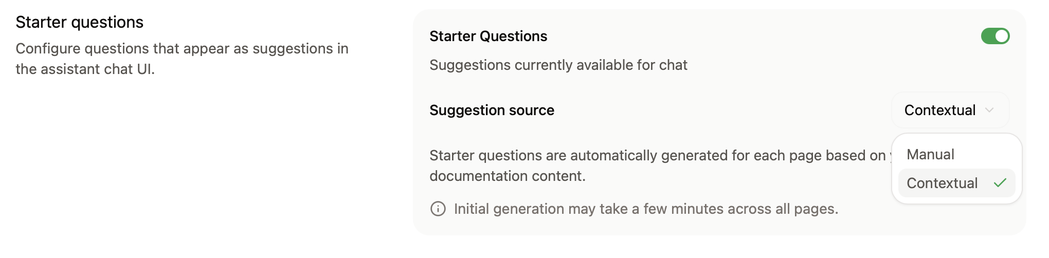 The search suggestions panel in the dashboard with contextual starter questions enabled.