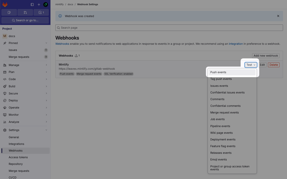 GitLab Webhooks 页面截图。'Test' 菜单中的 'Push events' 菜单项被高亮显示。