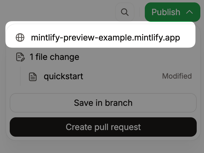 Preview URL emphasized in the publish menu.