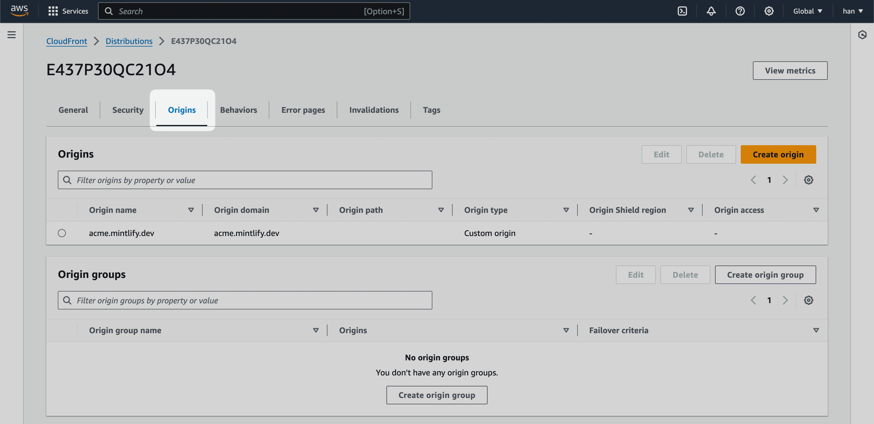 A CloudFront distribution with the "Origins" tab highlighted.