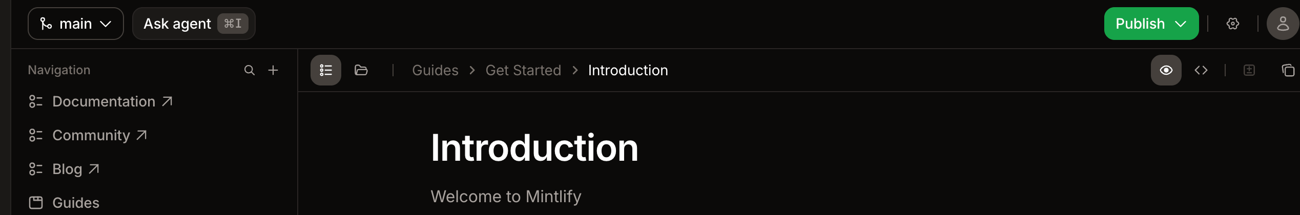 Captura de pantalla del editor que muestra el selector de branch, el botón ask agent, el botón publish, la barra lateral de navegación y la barra superior.
