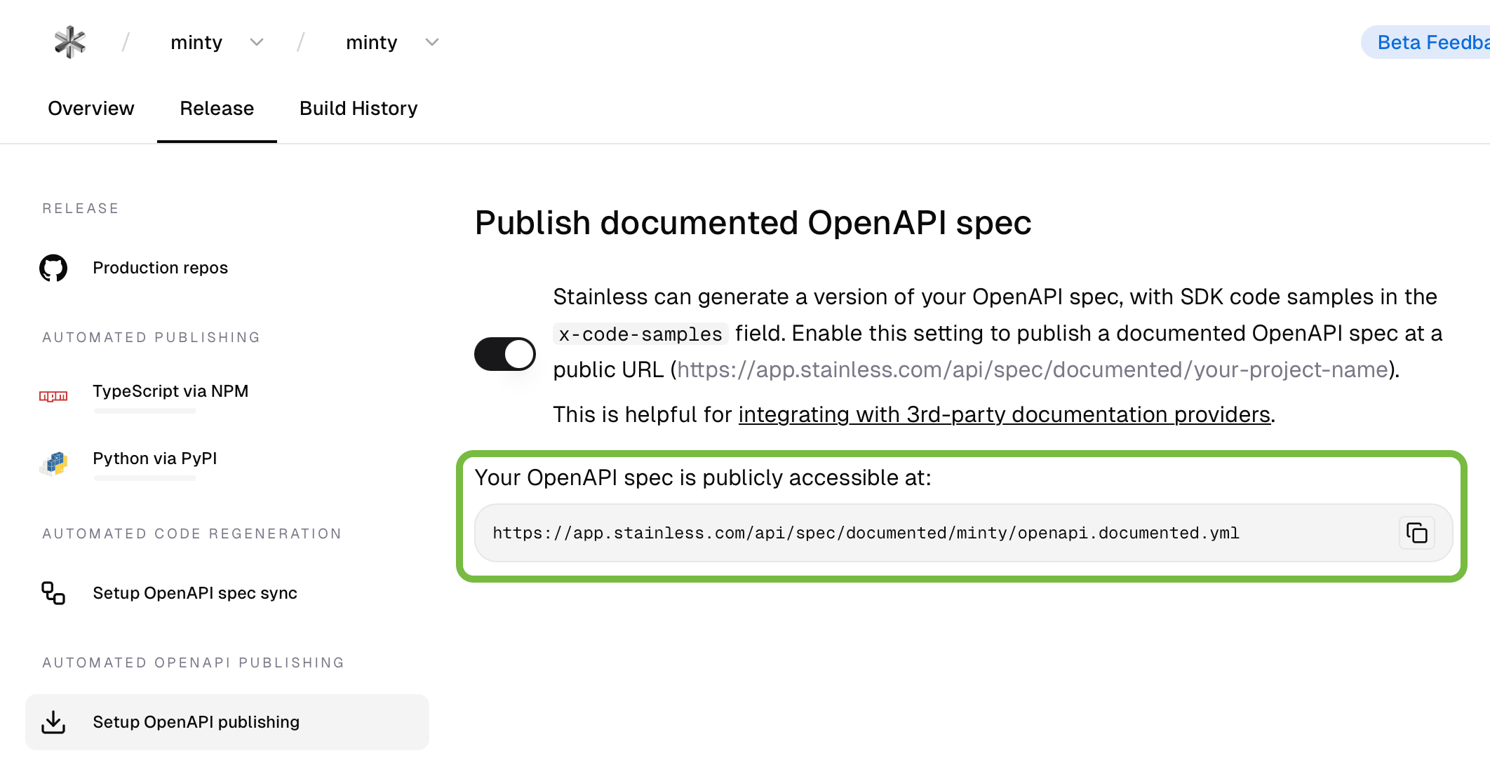 Page de diffusion Stainless avec l’URL de la spécification OpenAPI mise en évidence par un encadré vert.