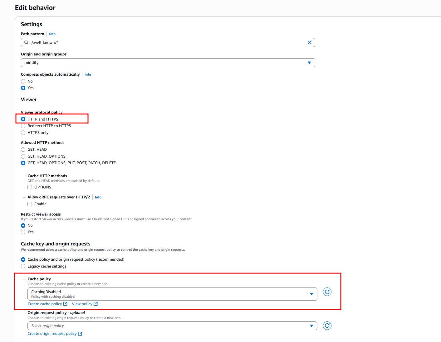 Página de CloudFront "Create behavior" con un "Path pattern" de "/.well-known/*" y "Origin and origin groups" apuntando a la URL de staging.