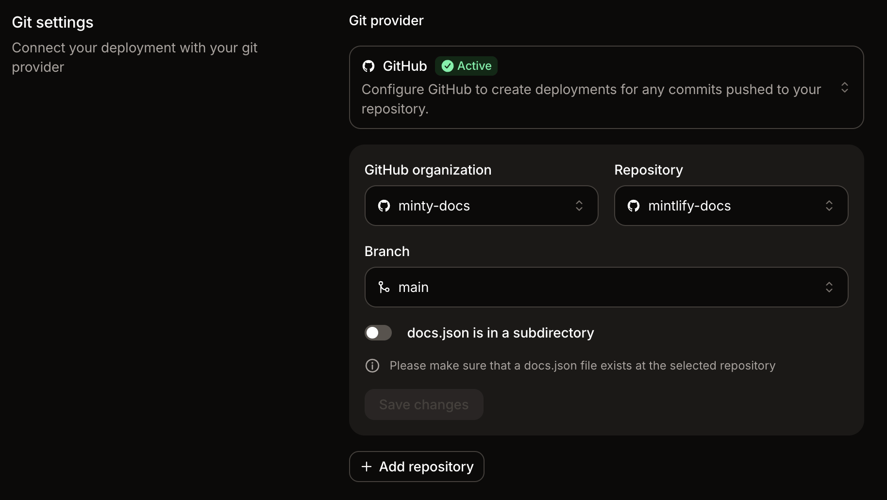 The Git settings page in the Mintlify dashboard. The Add repository button is visible at the bottom.