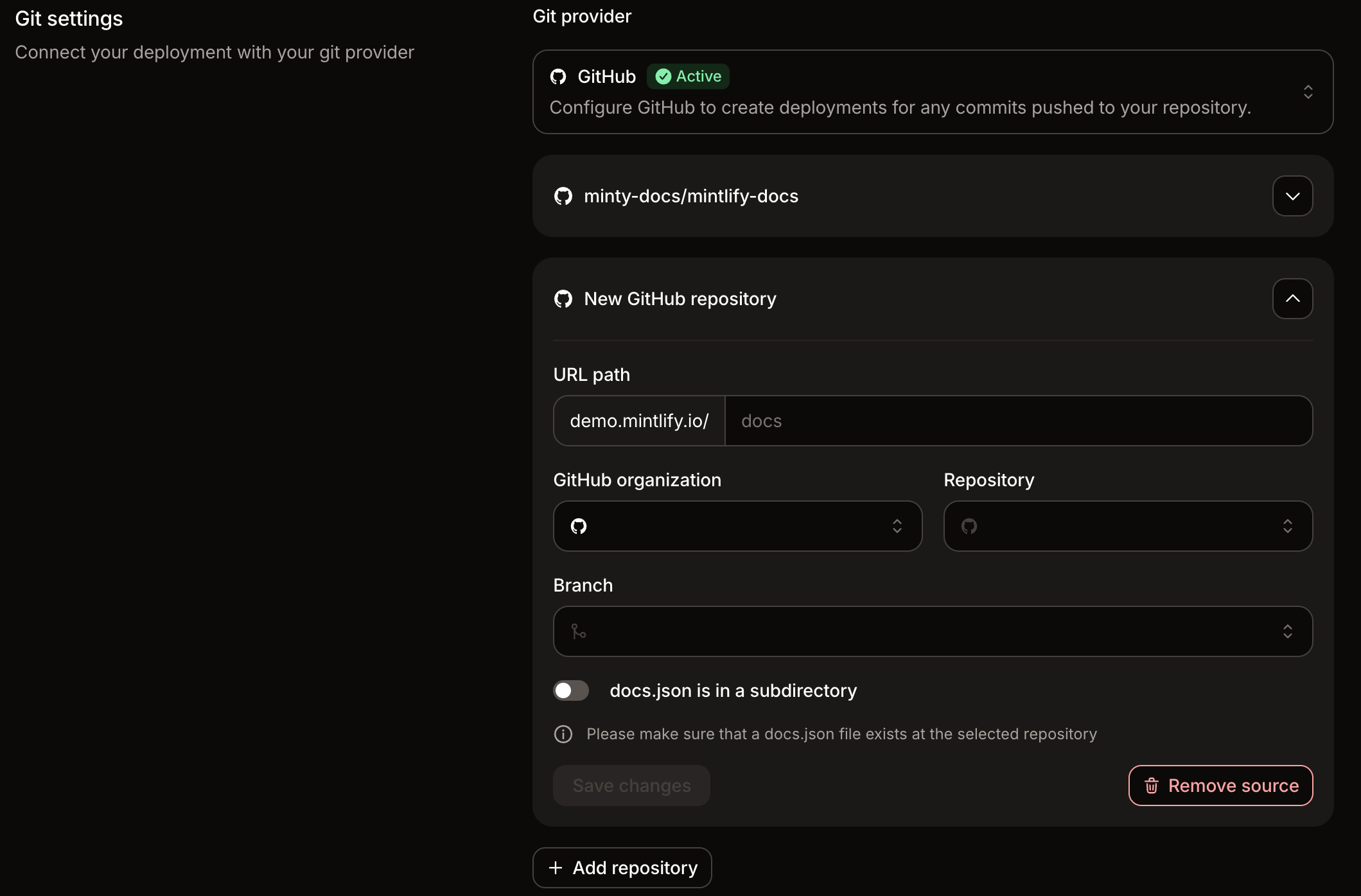 The repository configuration panel in the Git settings page. The repository, branch, and GitHub-specific fields are visible.
