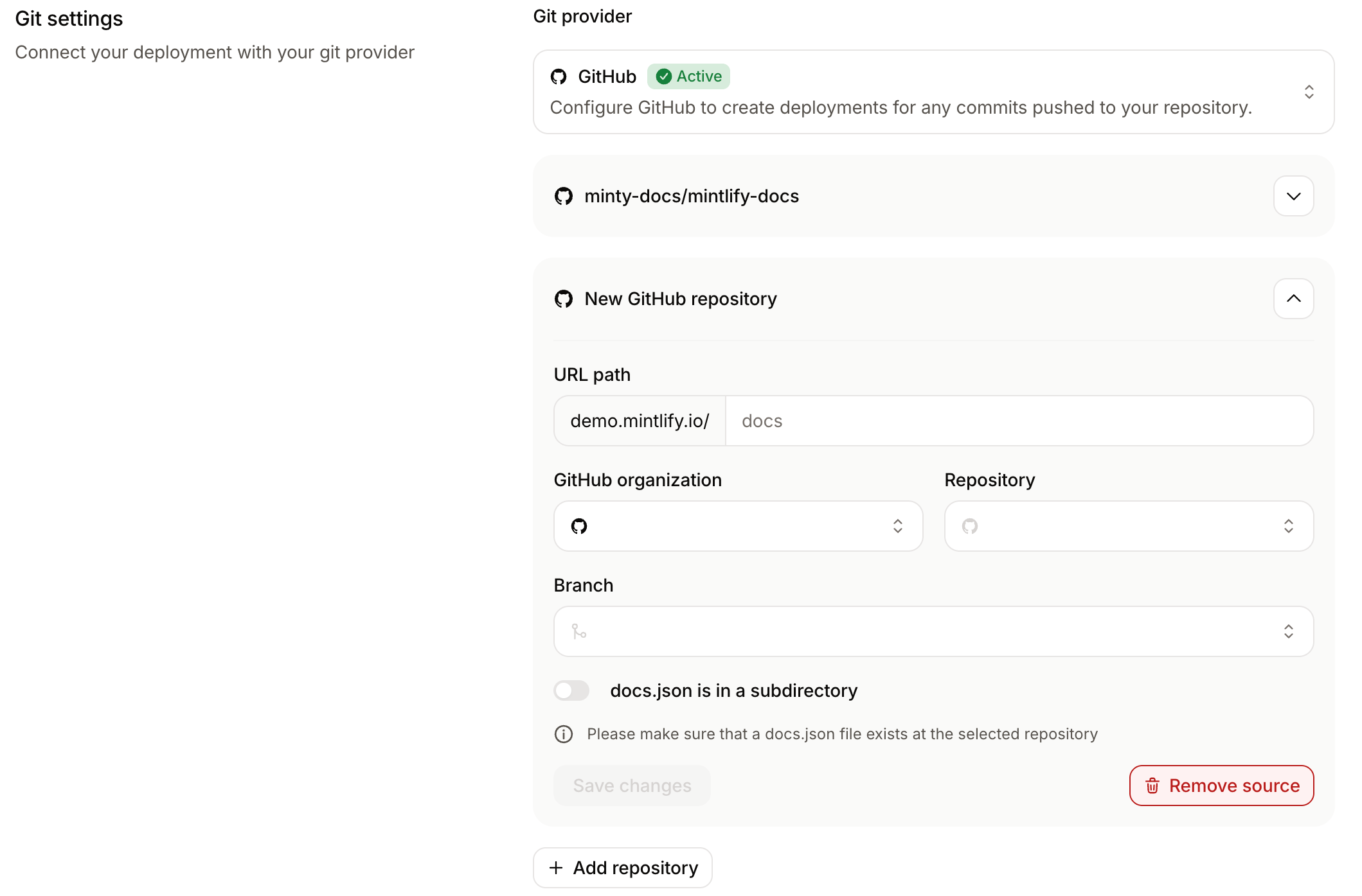 The repository configuration panel in the Git settings page. The repository, branch, and GitHub-specific fields are visible.