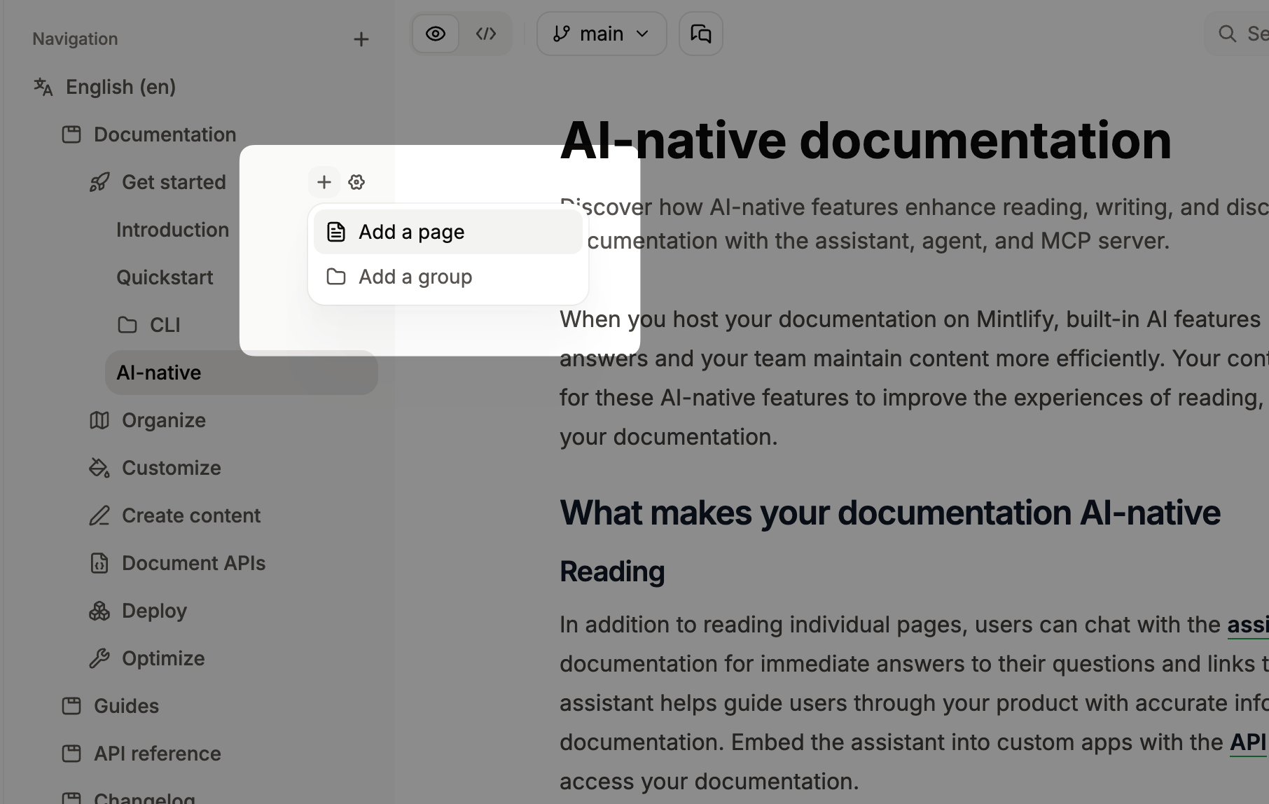 The add page menu opened beside a group in the editor.
