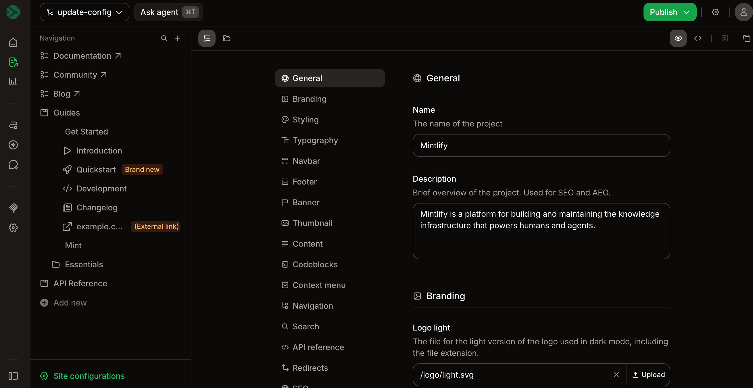 Configurations menu in the editor.