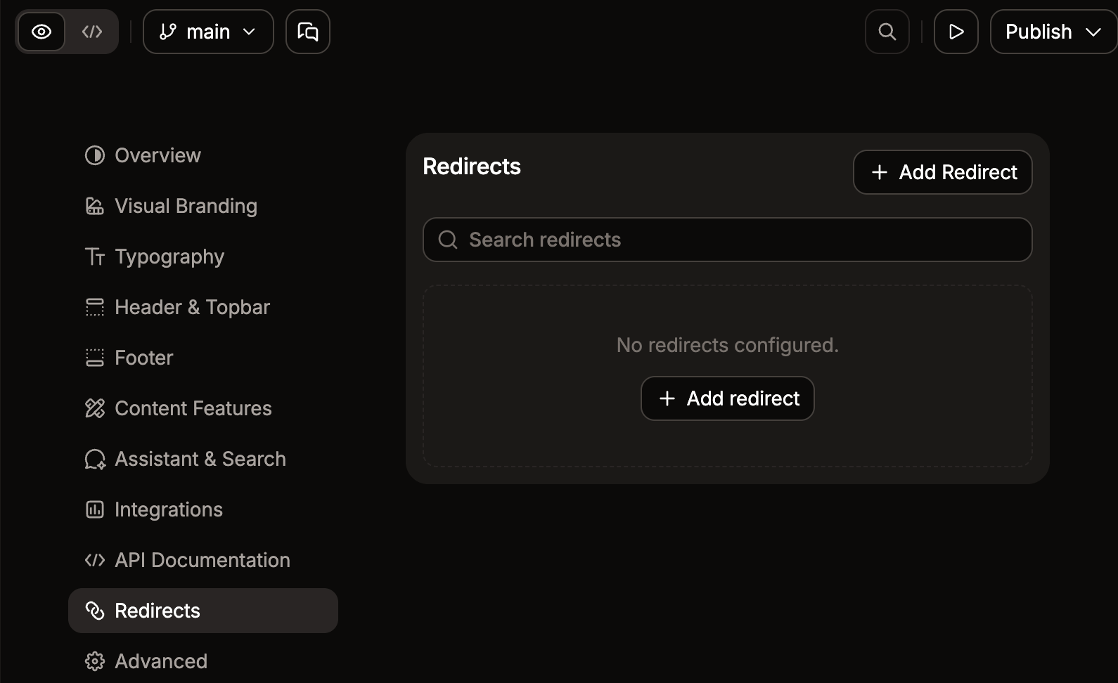 Redirects menu in the editor.