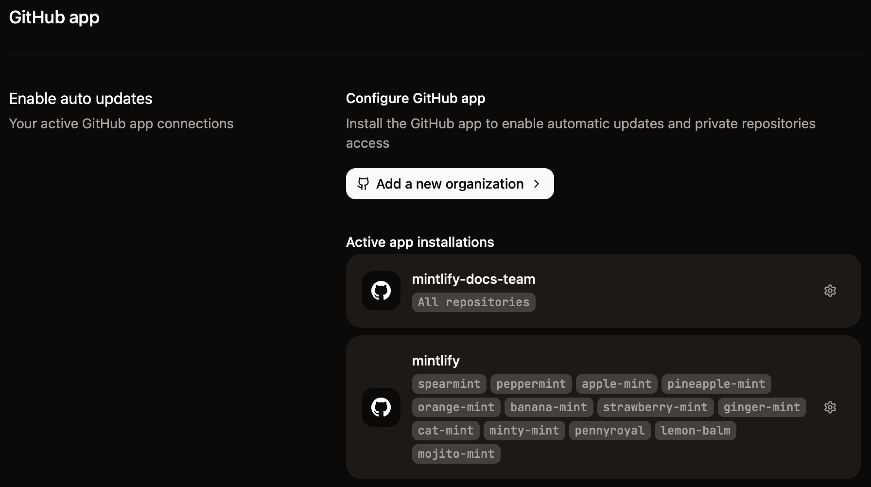 GitHub app 页面在深色模式下显示了两个组织已连接的存储库。