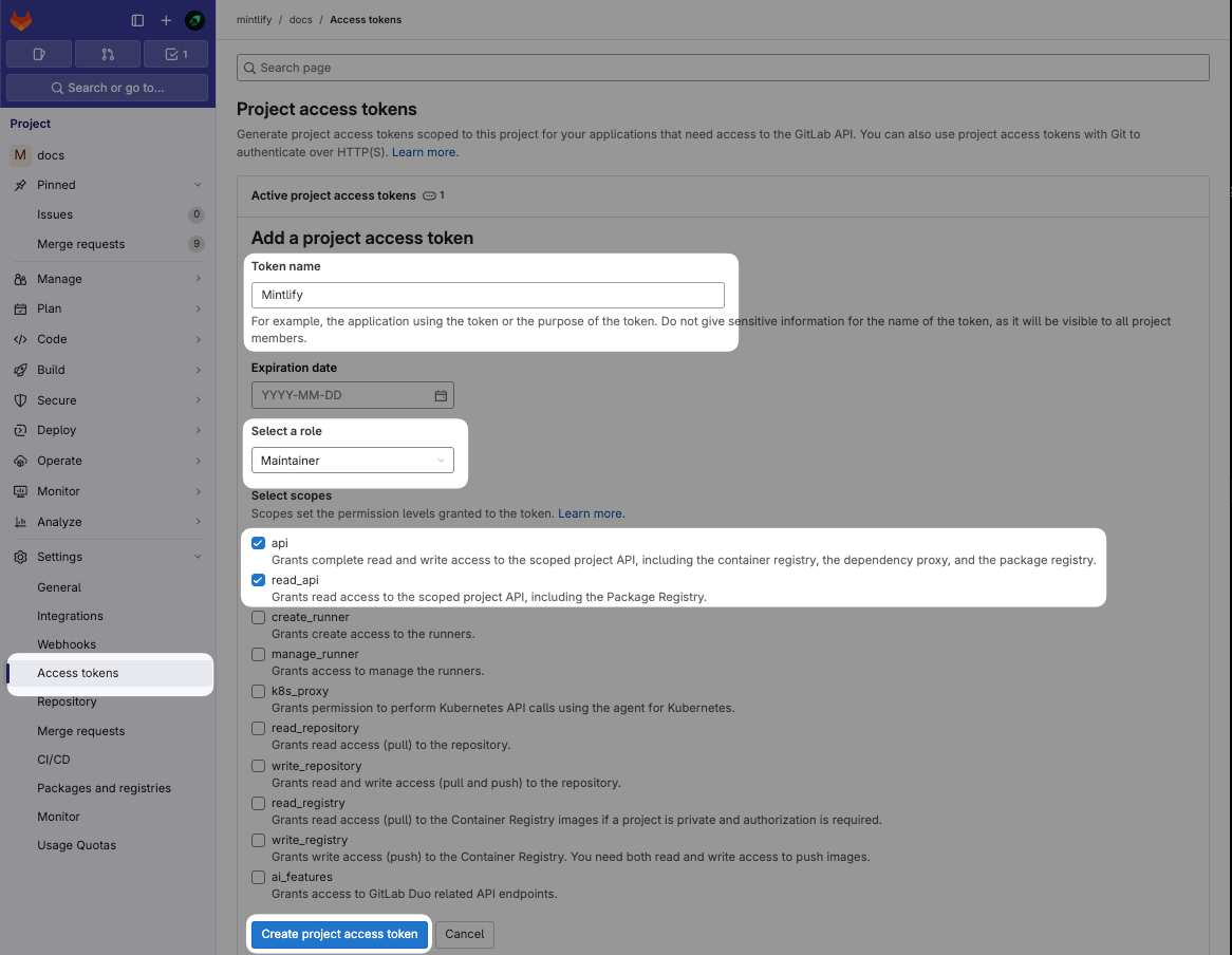 The Access tokens page in the GitLab dashboard. The settings to configure for Mintlify are highlighted.