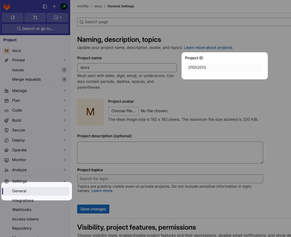 The General Settings page in the GitLab dashboard. The Project ID is highlighted.