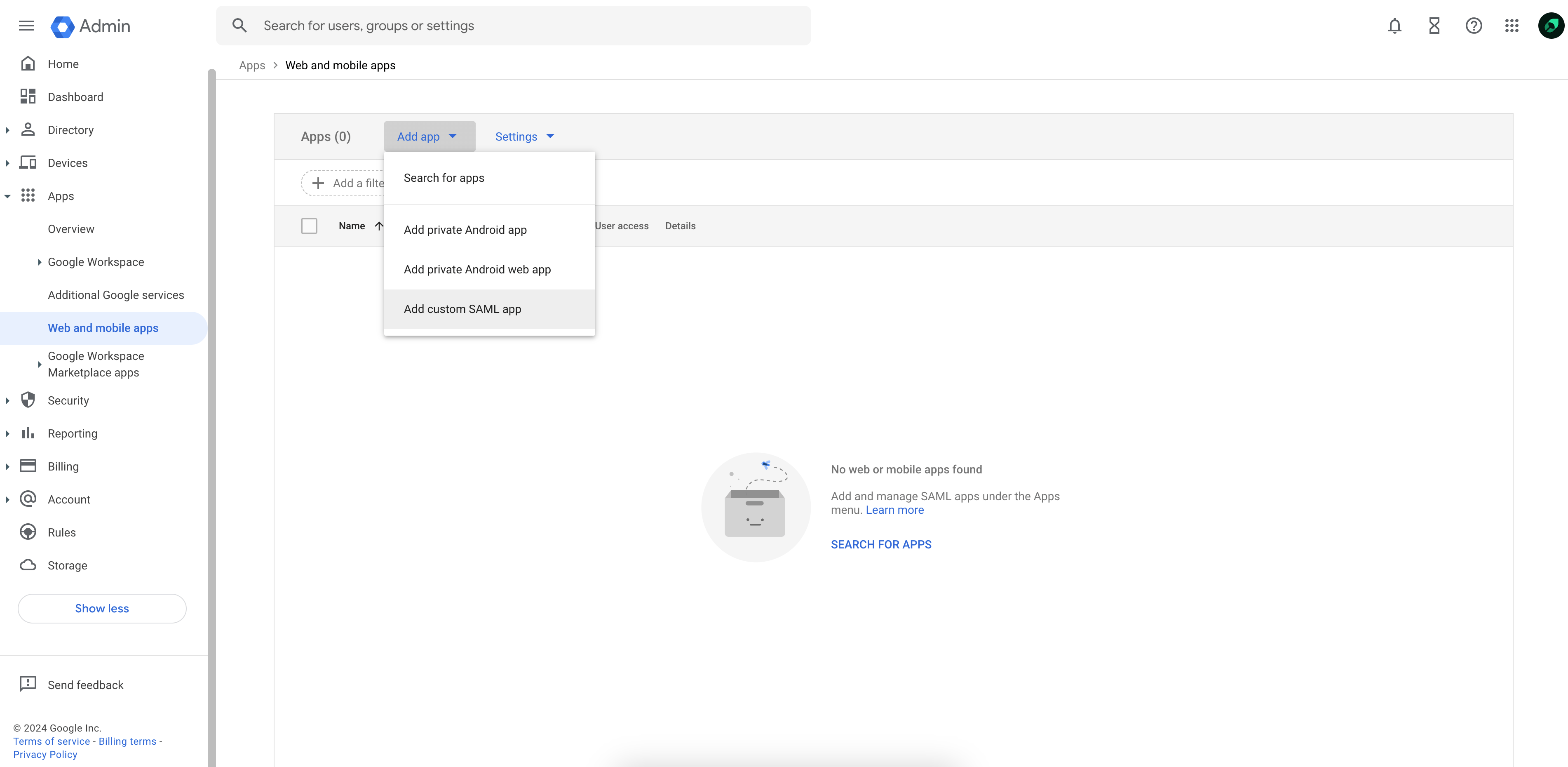 Screenshot of the Google Workspace SAML application creation page with the "Add custom SAML app" menu item highlighted