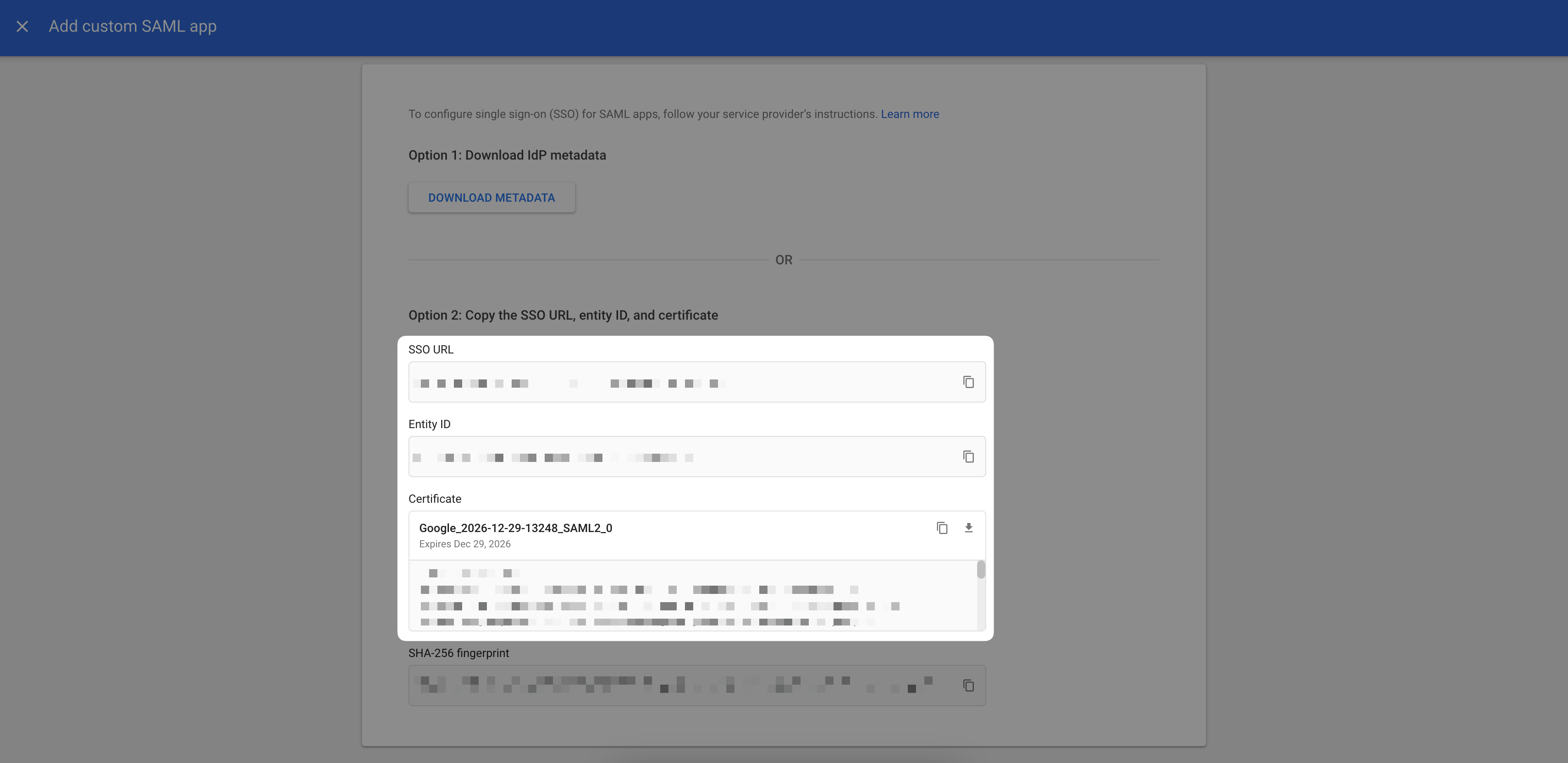 Screenshot of the Google Workspace SAML application page with the SSO URL, Entity ID, and x509 certificate highlighted. The specific values for each of these appear blurred.