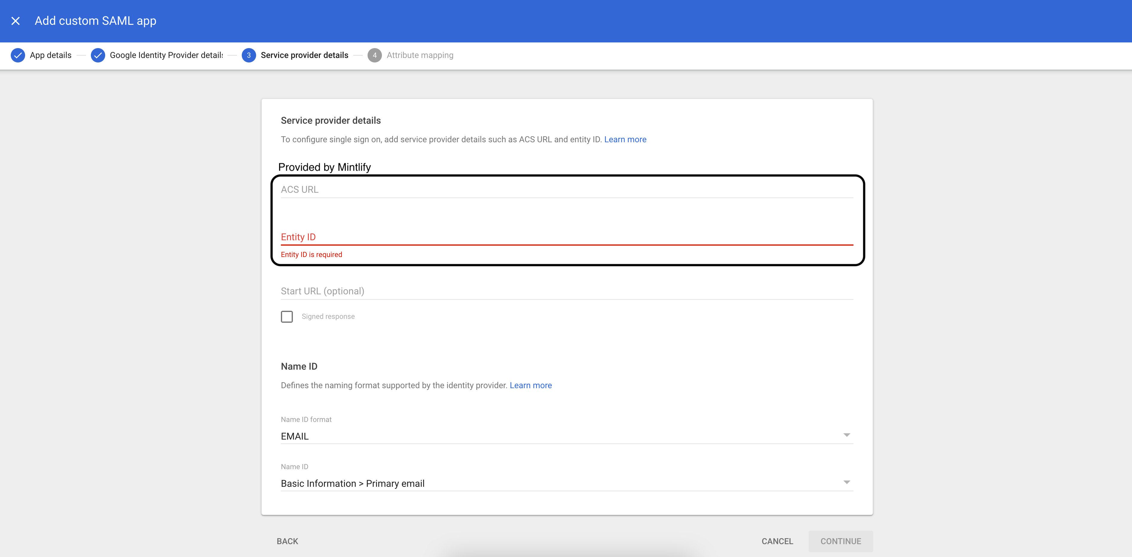Screenshot of the Service provider details page with the ACS URL and Entity ID input fields highlighted.