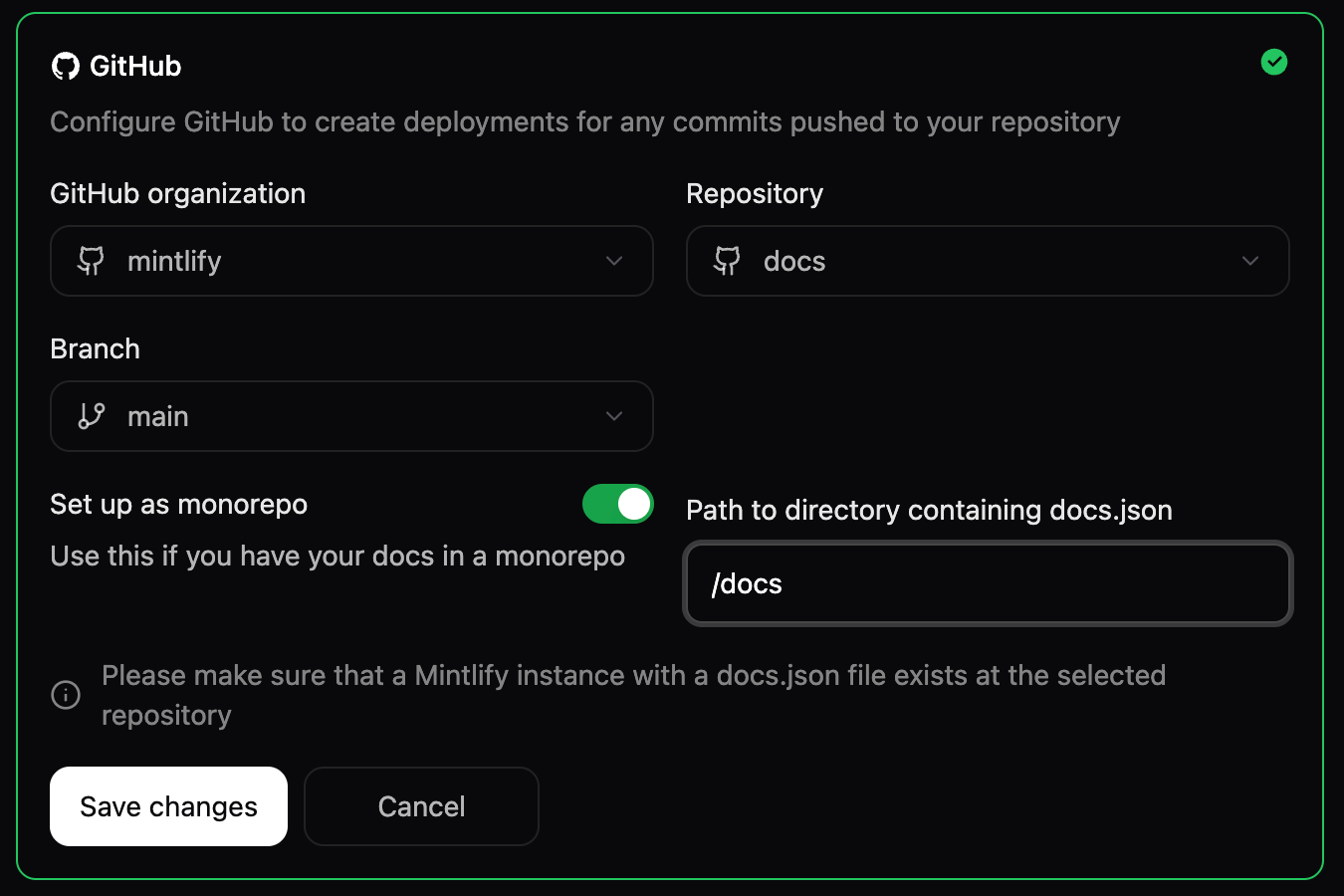The project settings panel in the Git Settings menu, showing the docs.json is in a subdirectory toggle enabled and a path to the /docs directory specified.