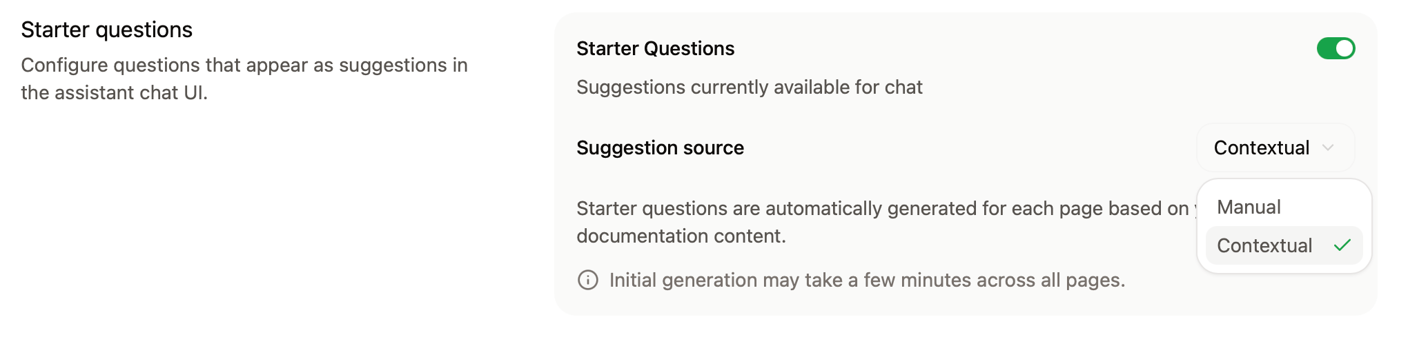 The search suggestions panel in the dashboard with contextual starter questions enabled.