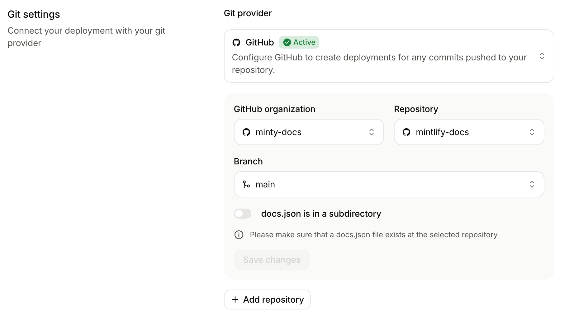 The Git settings page in the Mintlify dashboard. The Add repository button is visible at the bottom.