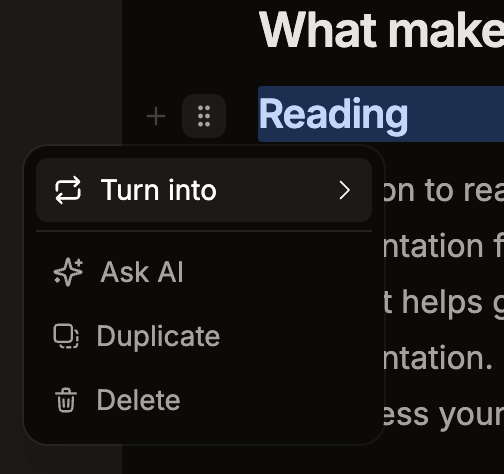 The block actions menu in visual mode.