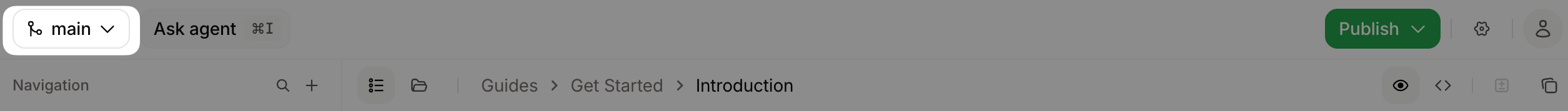 Branch name emphasized in the editor toolbar.