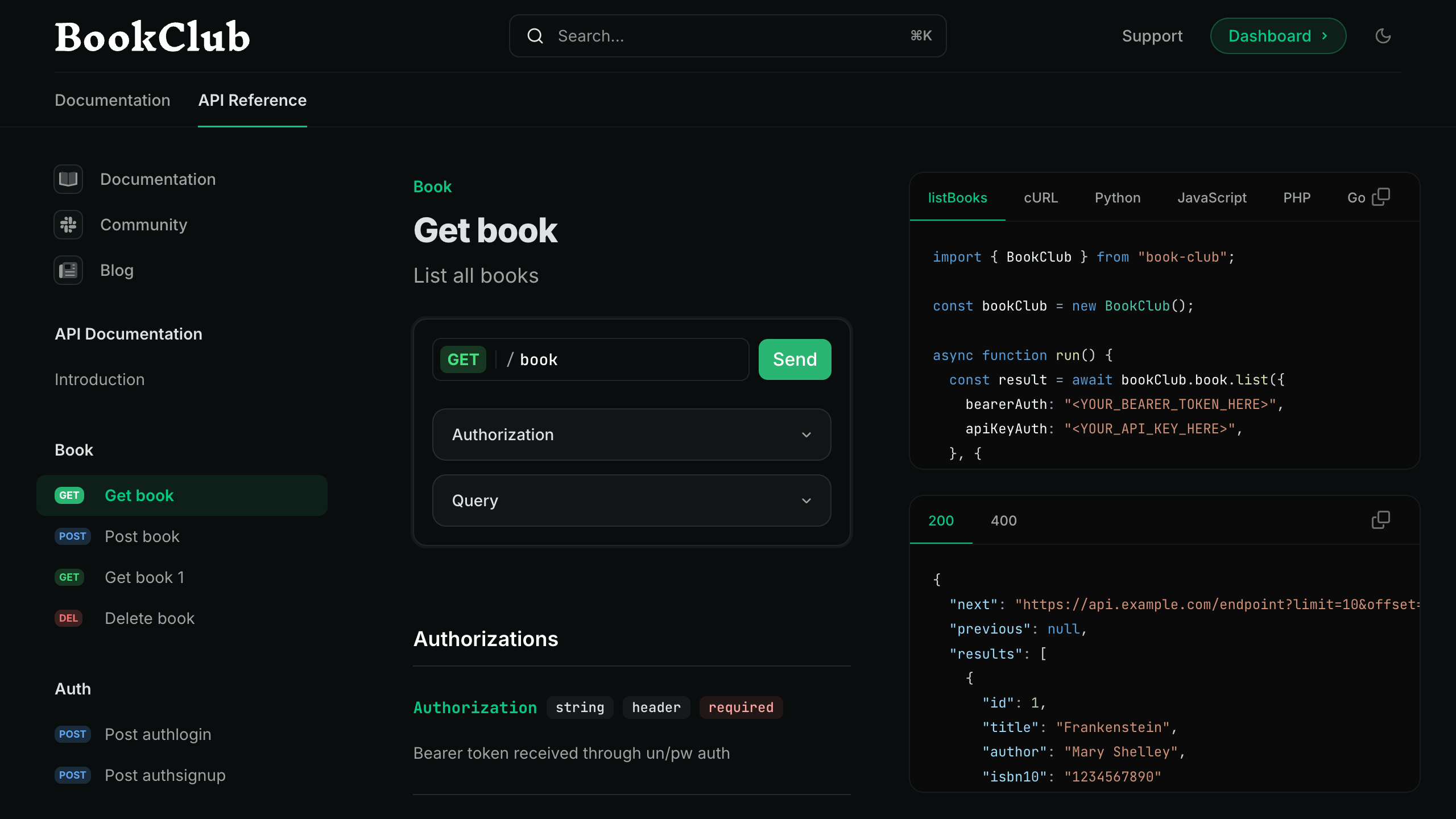 Un área de pruebas de la API de Mintlify con fragmentos de código de Speakeasy.