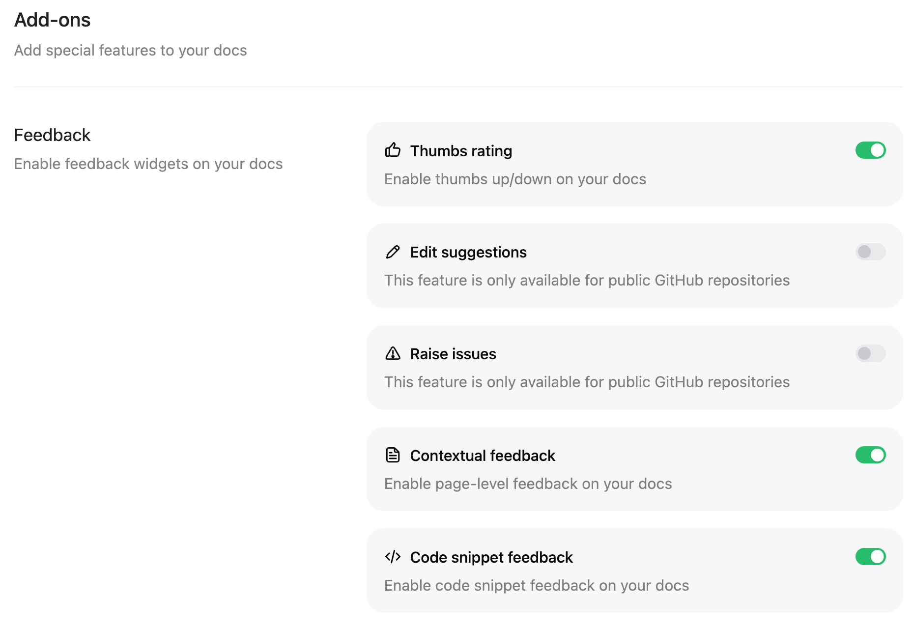 Feedback toggles in the Add-ons page.