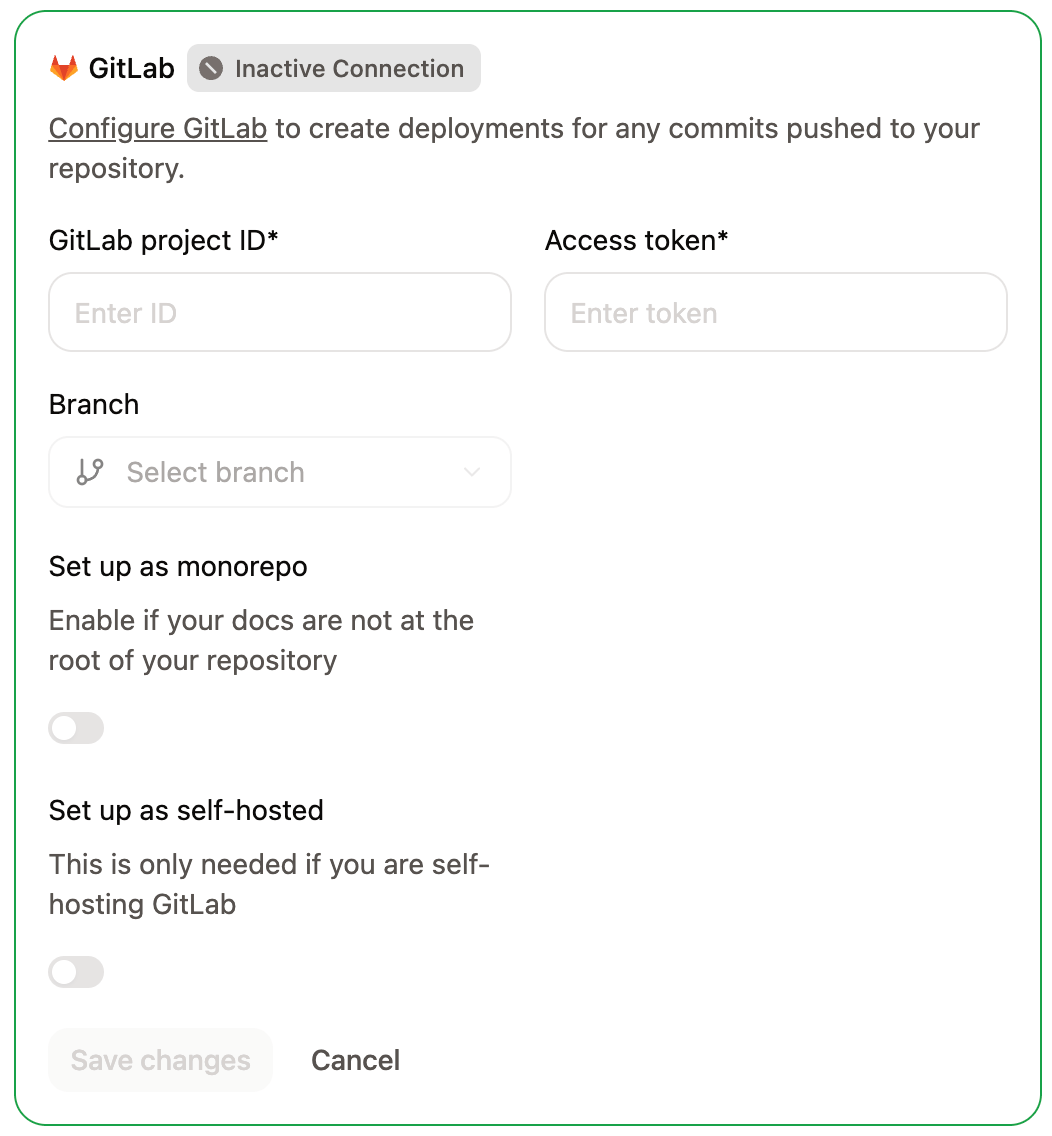 Le panneau de configuration GitLab sur la page Git Settings du Tableau de bord Mintlify.