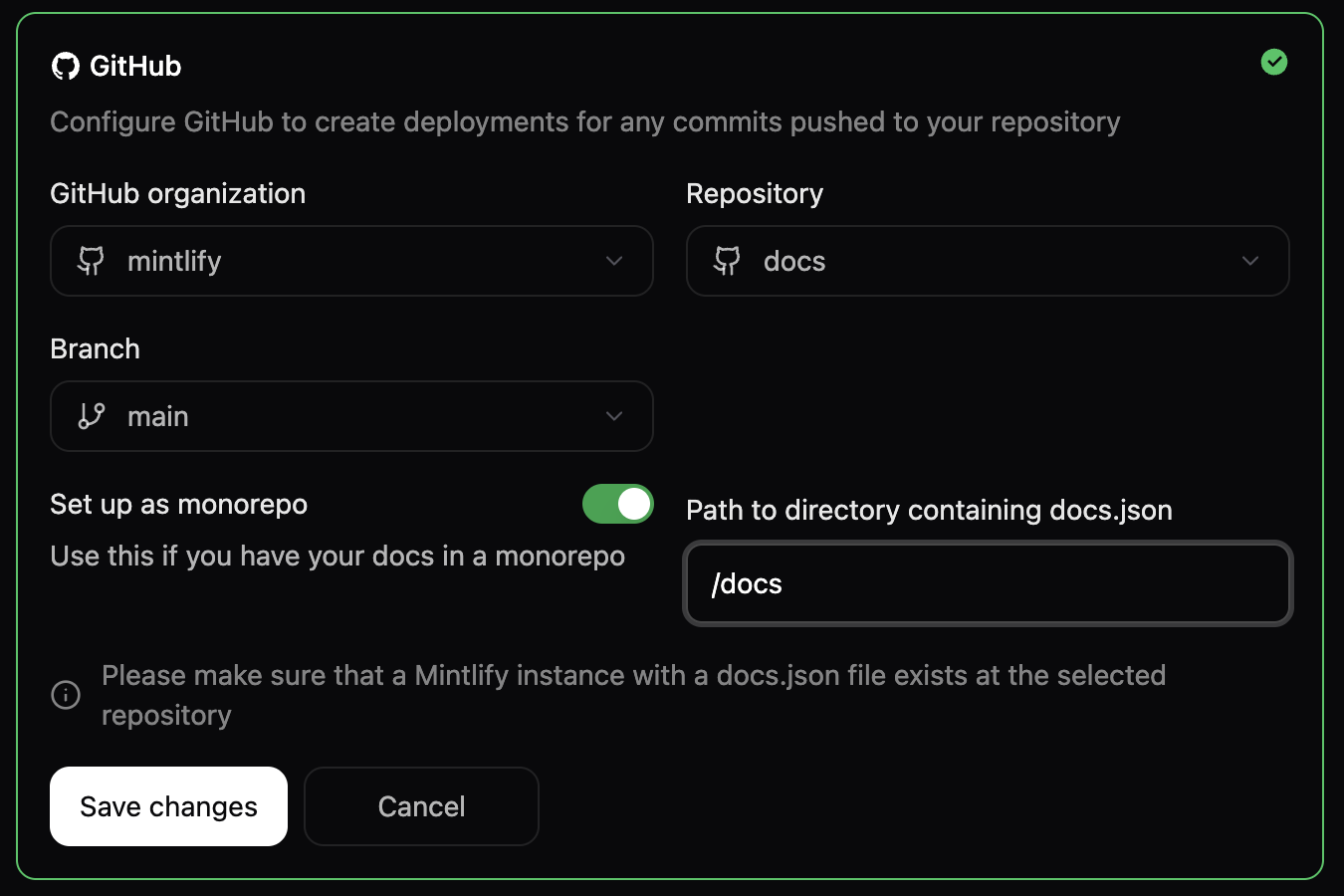 Le panneau des paramètres du projet dans le menu Git Settings, avec l’option docs.json is in a subdirectory activée et un chemin vers le répertoire /docs renseigné.