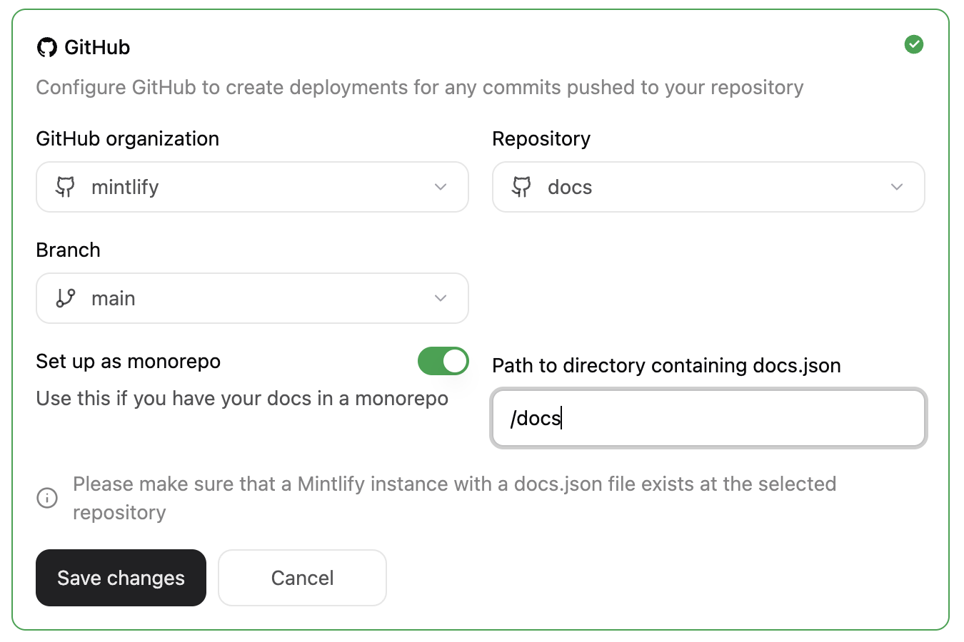 Le panneau des paramètres du projet dans le menu Git Settings, avec l’option docs.json is in a subdirectory activée et un chemin vers le répertoire /docs renseigné.