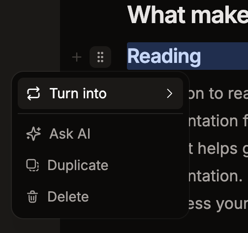 The block actions menu in visual mode.