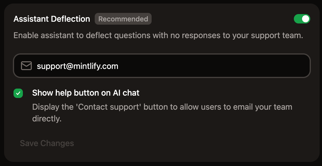 Le panneau de redirection de l'assistant dans le tableau de bord. La redirection de l'assistant est activée et support@mintlify.com est défini comme e-mail de redirection.