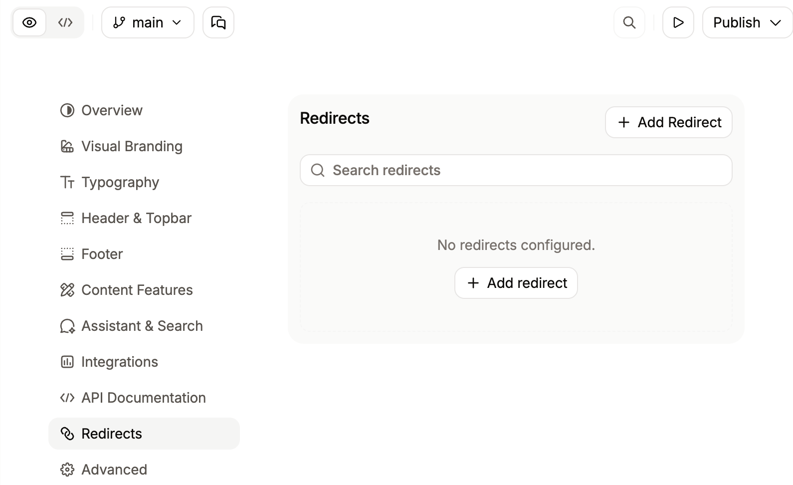 Redirects menu in the editor.