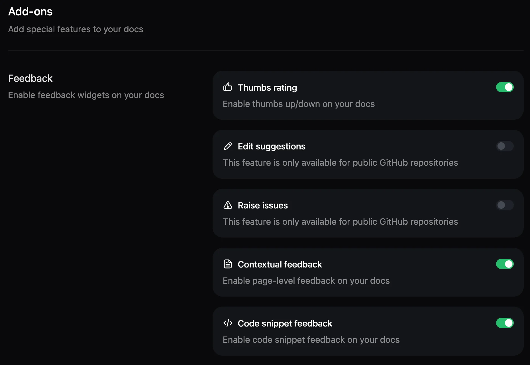 Feedback toggles in the Add-ons page.