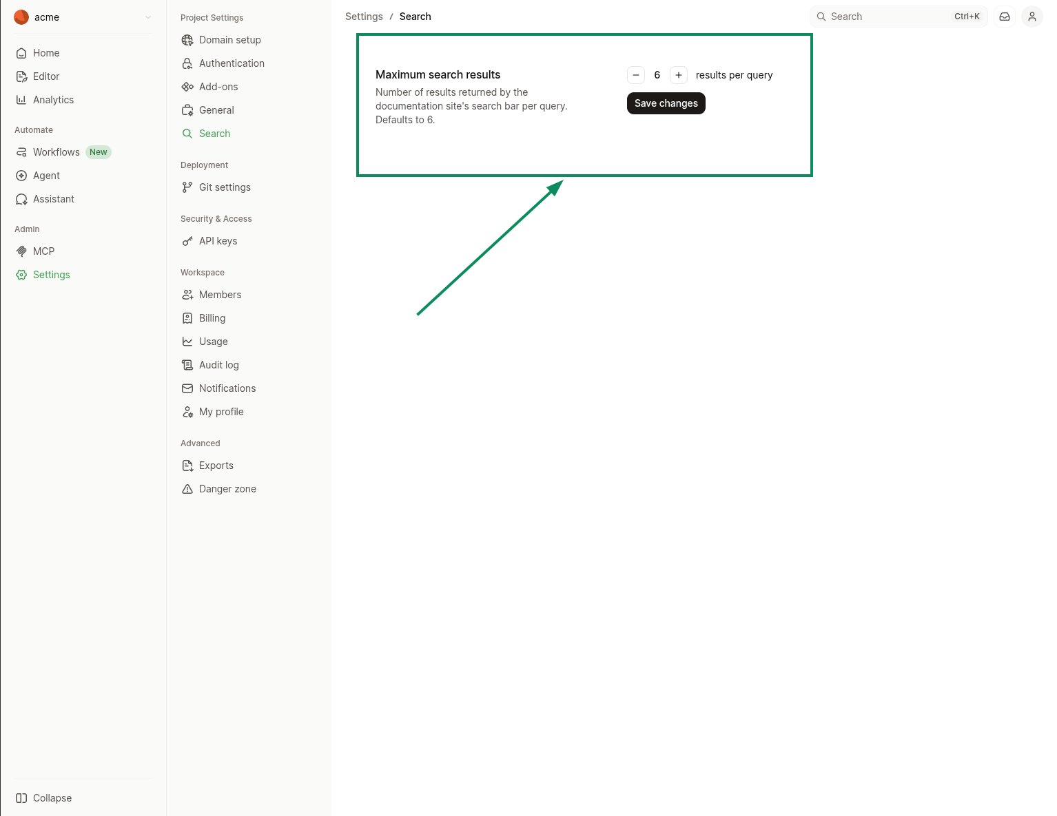 The Search settings page in the dashboard with the Maximum search results stepper set to 6.