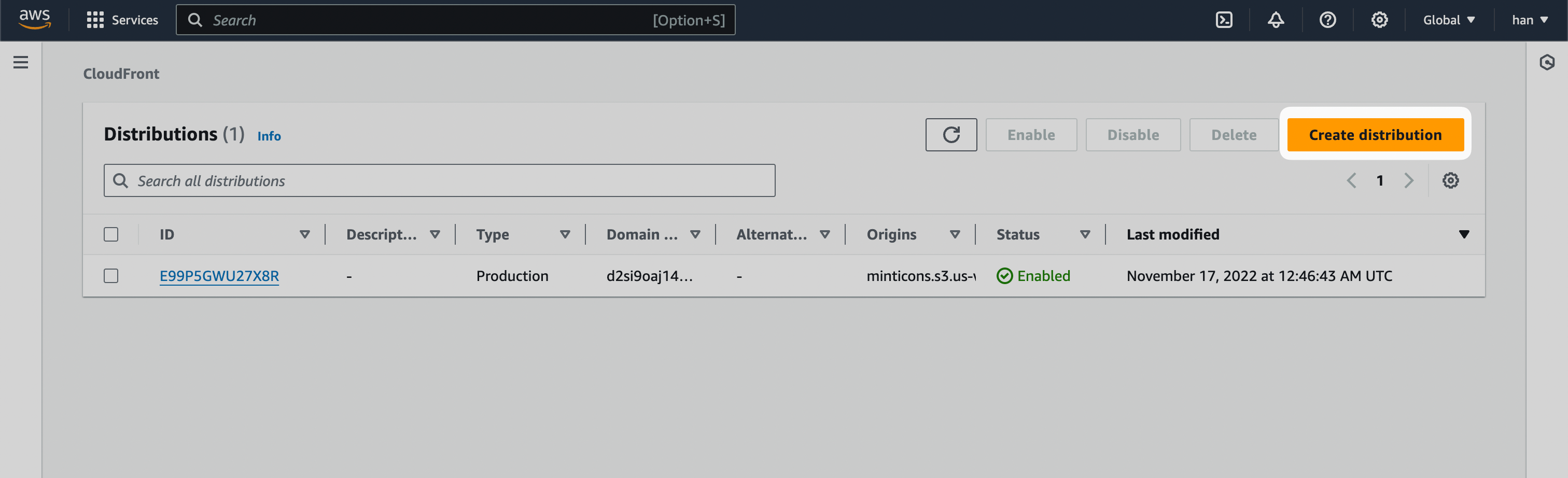 CloudFront Distributions page with the "Create distribution" button emphasized.