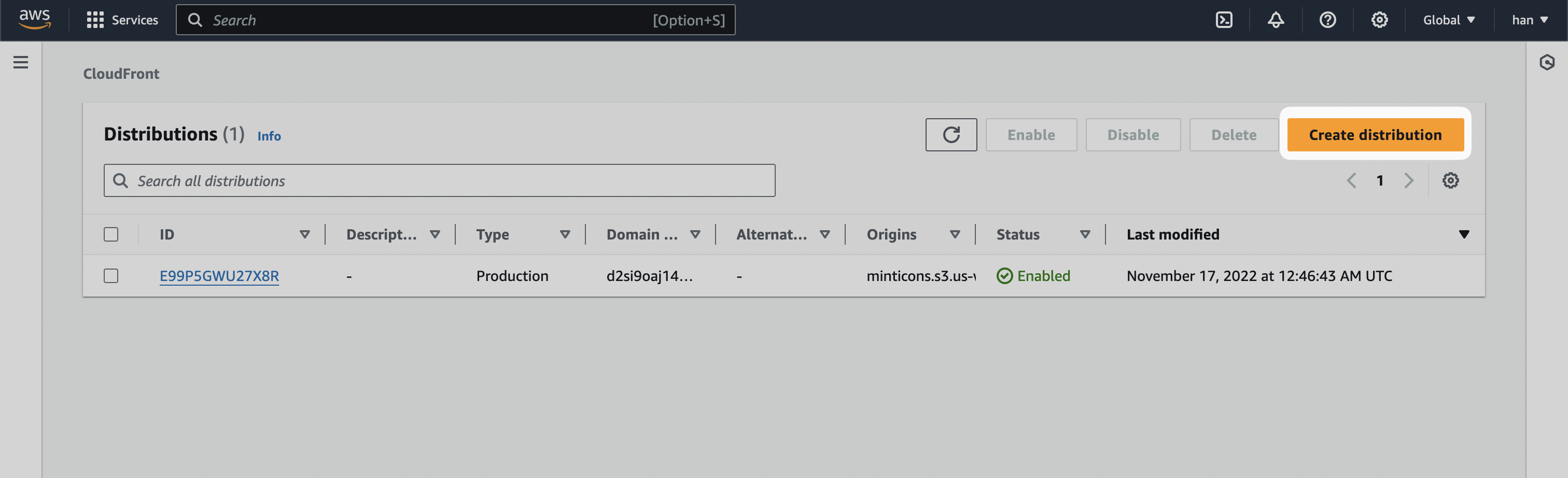 CloudFront Distributions page with the "Create distribution" button emphasized.