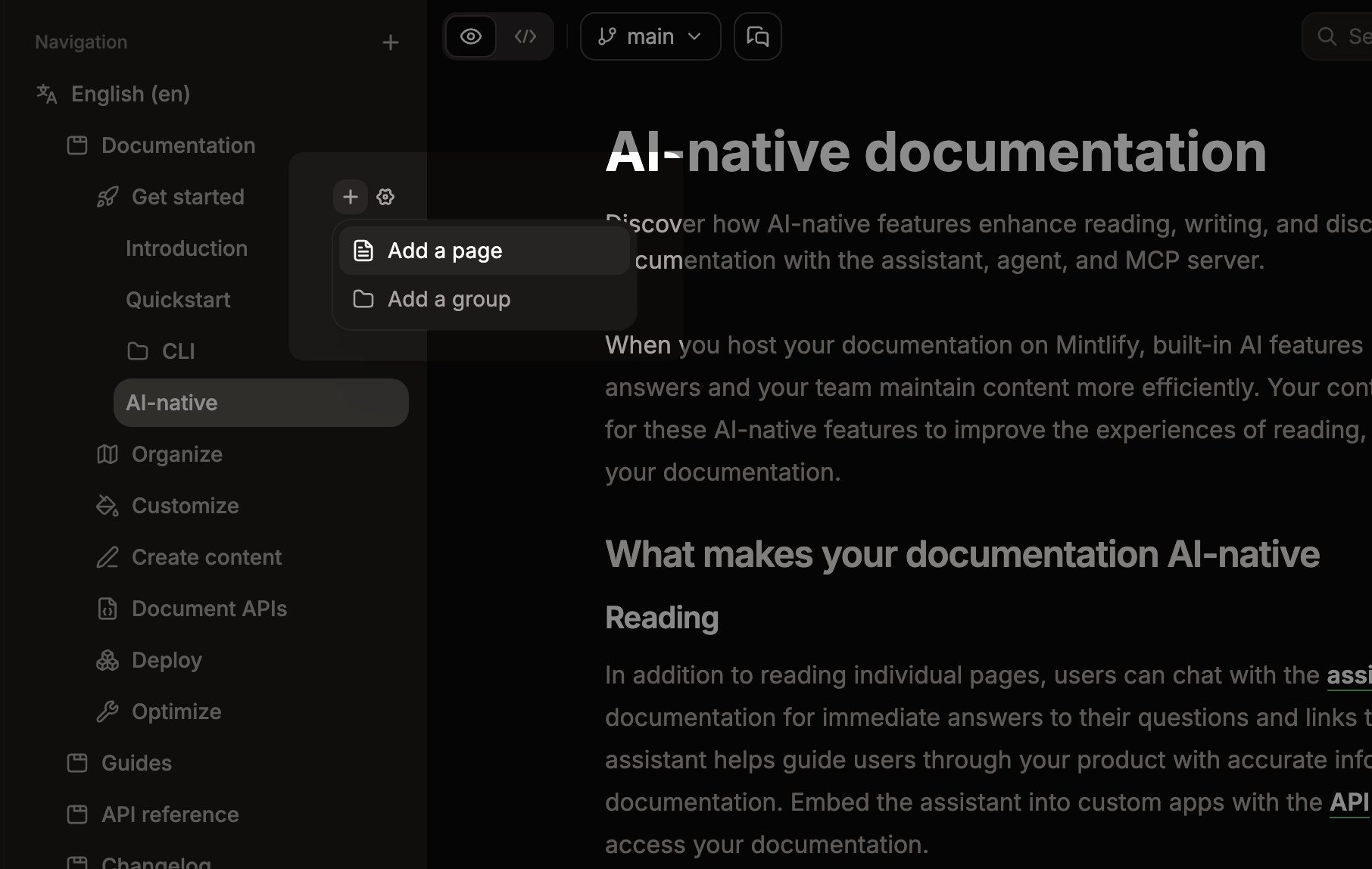 The add page menu opened beside a group in the editor.