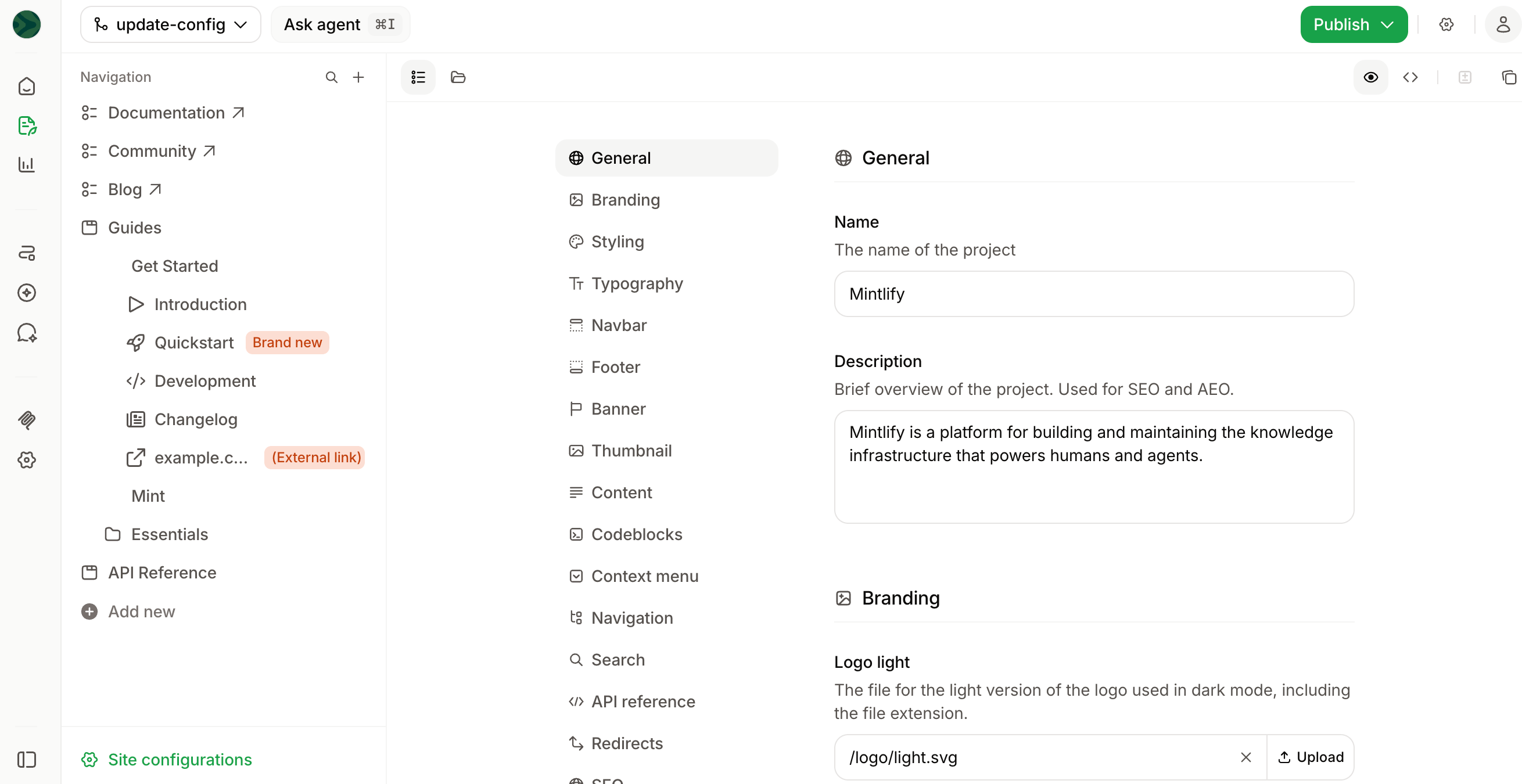 Menu Configurations dans l'éditeur.