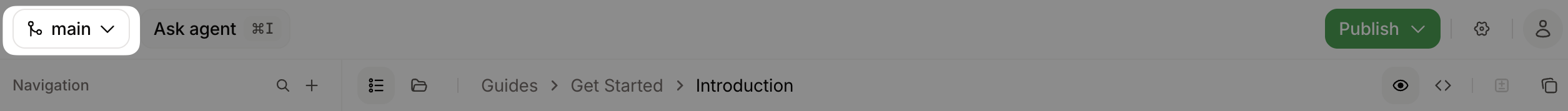 Branch name emphasized in the editor toolbar.