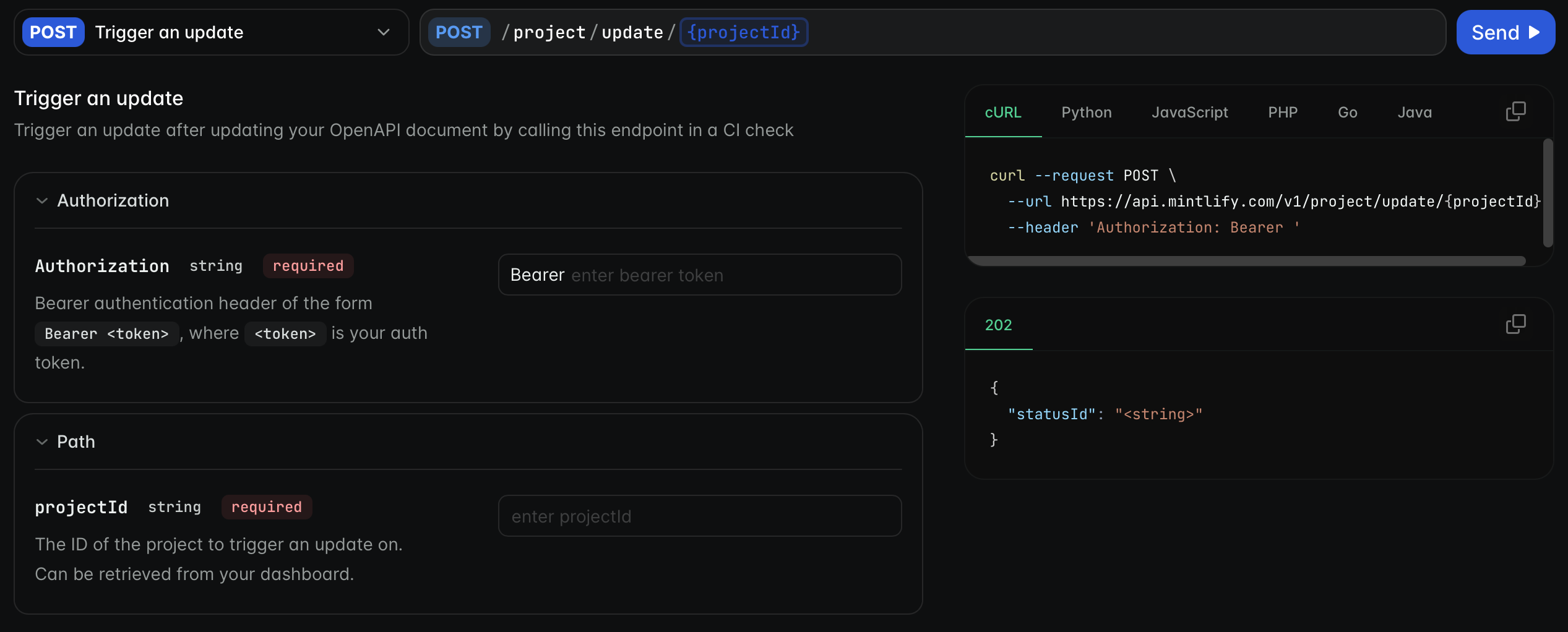 Playground API pour l’endpoint « Déclencher une mise à jour ».
