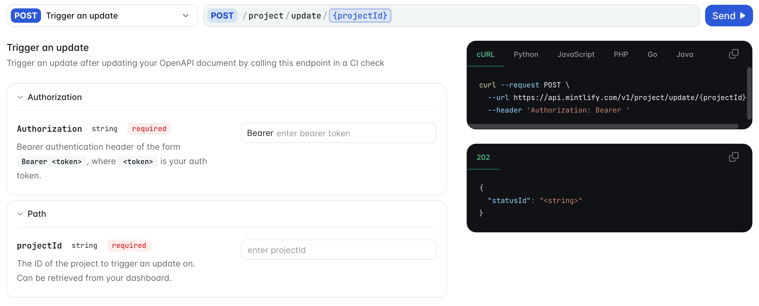 Playground API pour l’endpoint « Déclencher une mise à jour ».