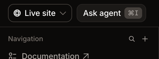 The deployment selector in the editor toolbar showing the live site in dark mode.