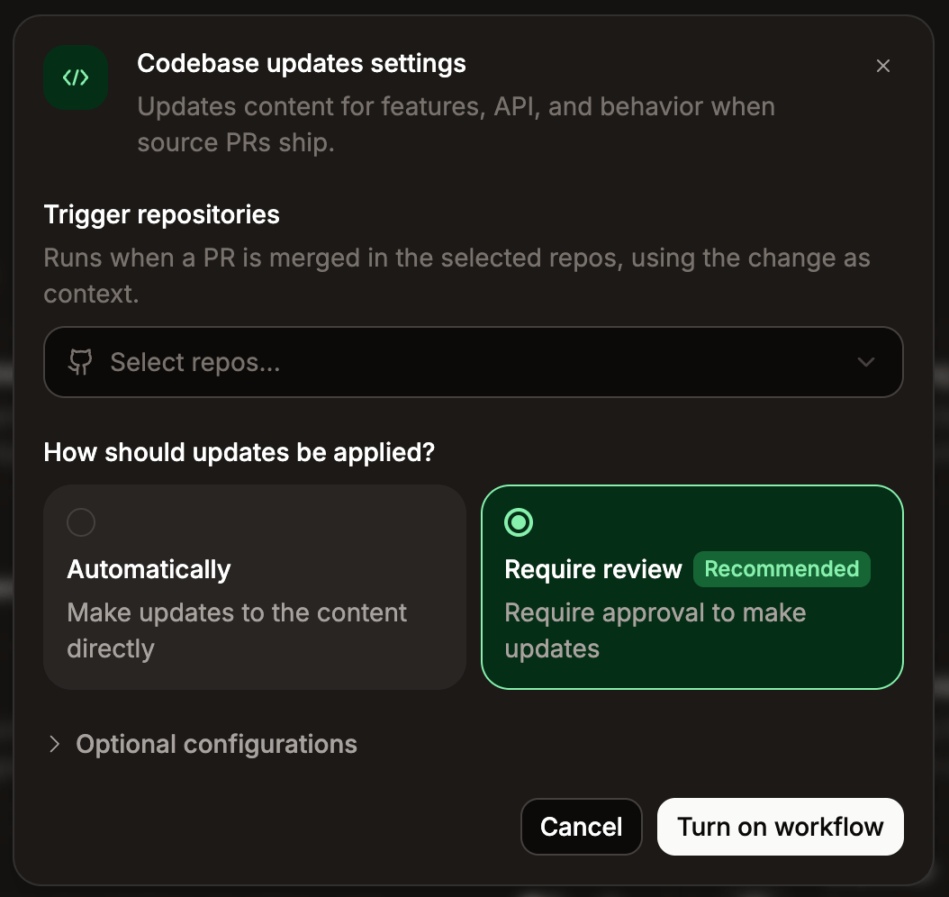 The configuration options for the codebase updates workflow.