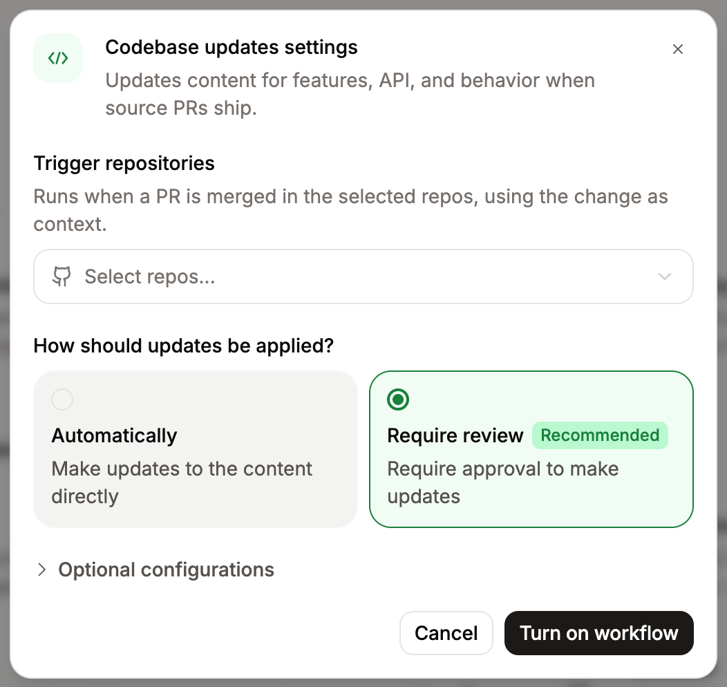 The configuration options for the codebase updates workflow.
