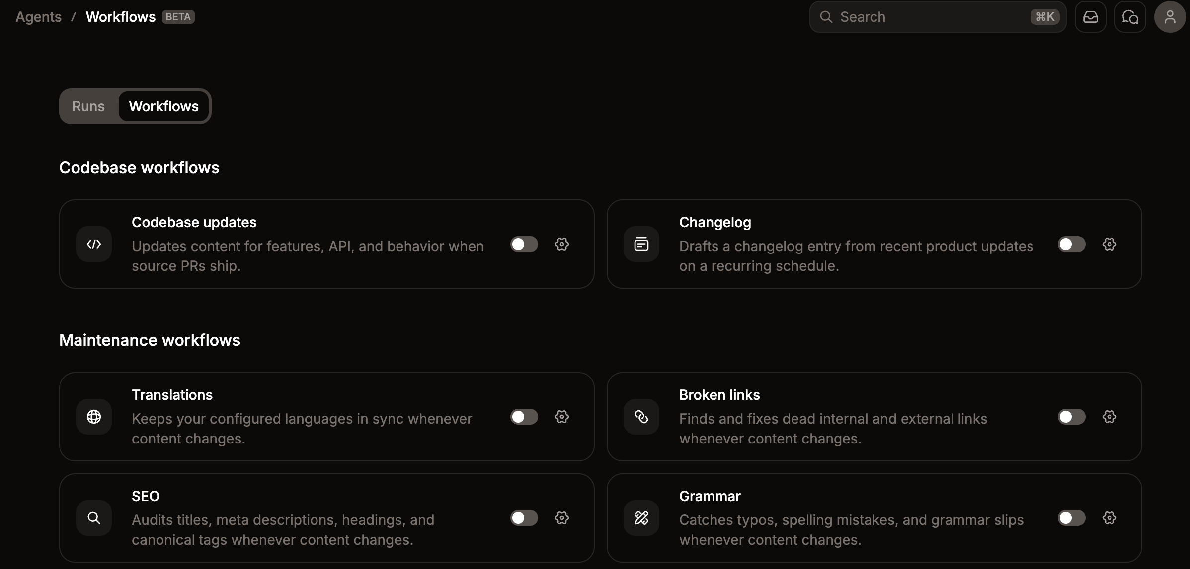 The workflows dashboard.
