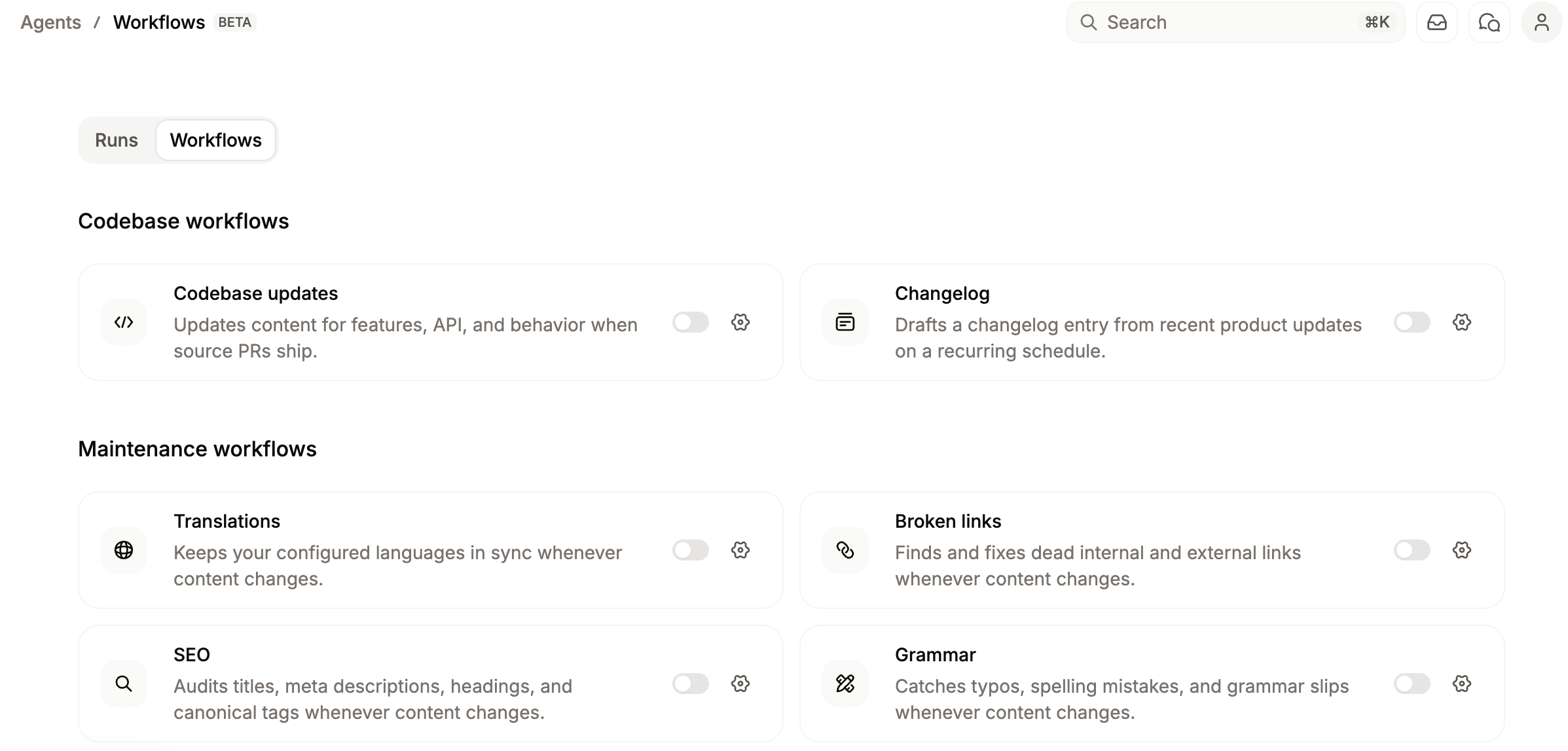 The workflows dashboard.