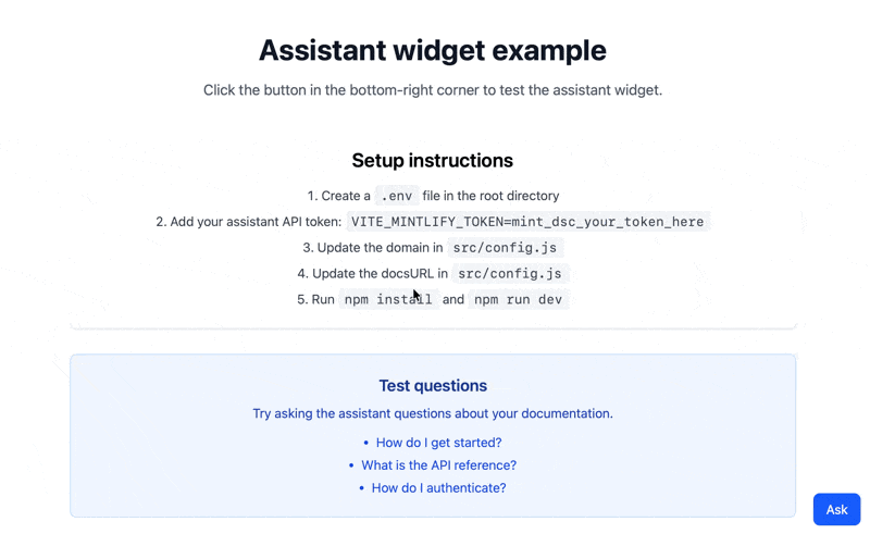 Demostración del widget del assistant abriéndose y del usuario escribiendo: How do I get started? Luego el assistant responde.