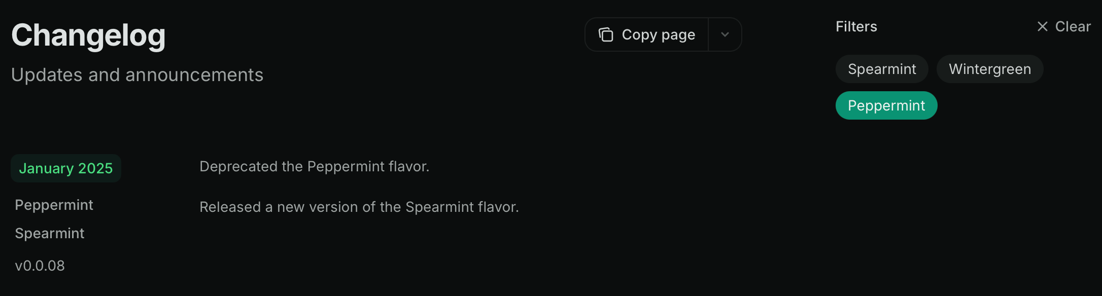 Changelog in dark mode with the Peppermint tag filter selected.