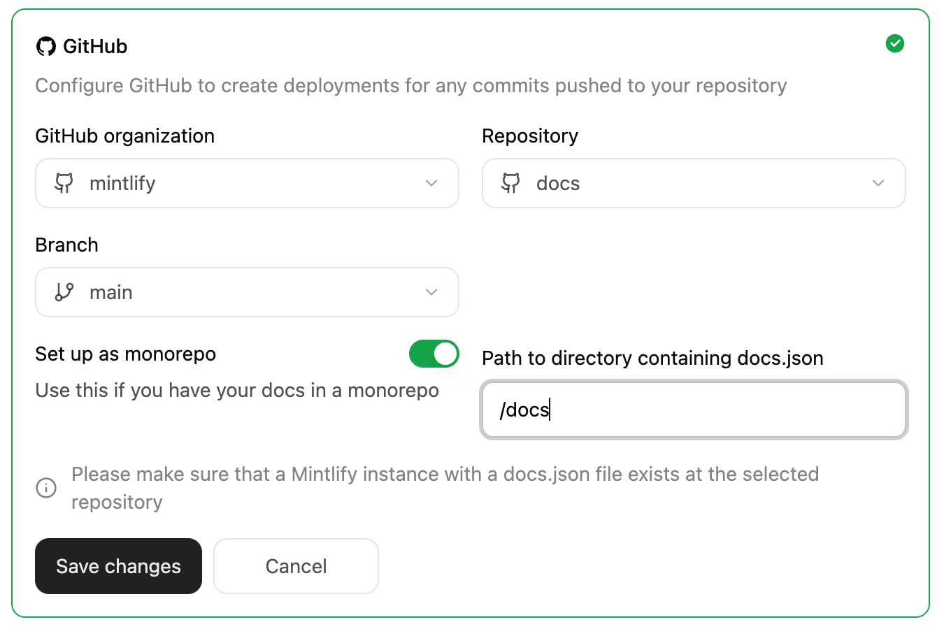 The project settings panel in the Git Settings menu, showing the docs.json is in a subdirectory toggle enabled and a path to the /docs directory specified.