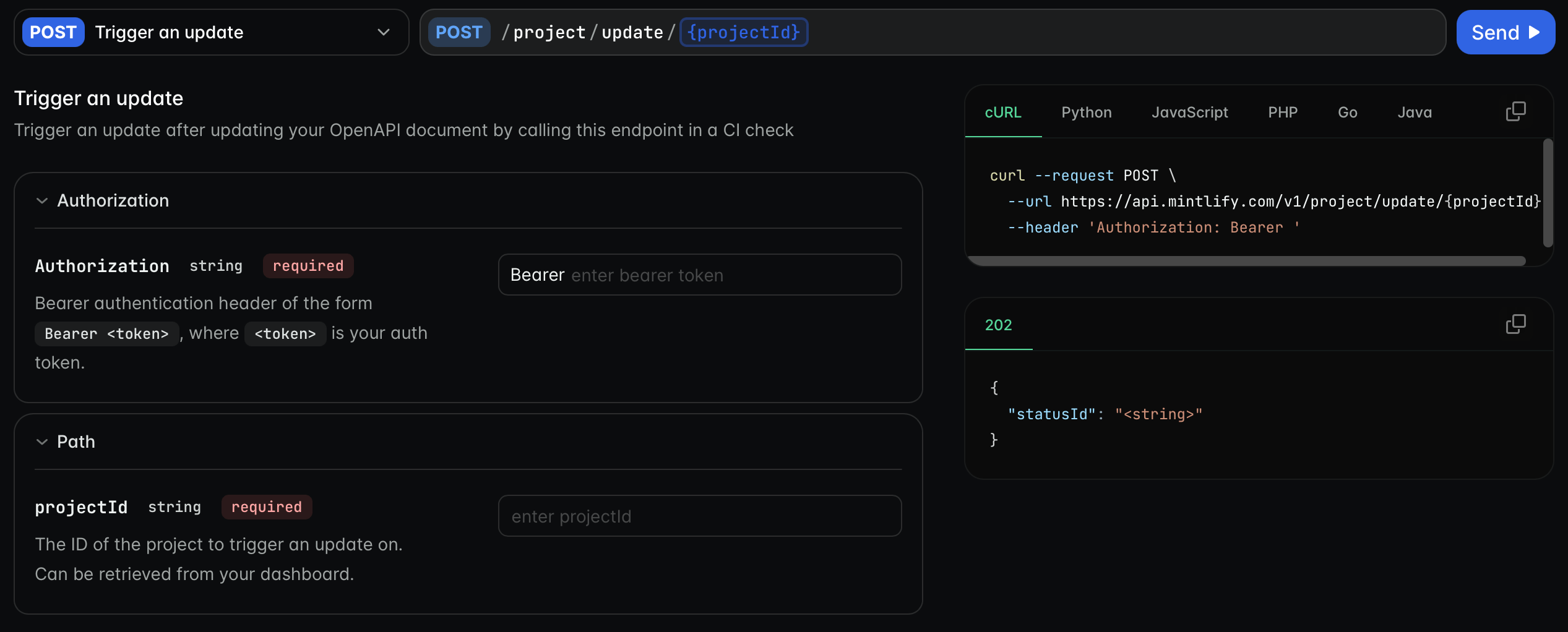 API playground for the trigger an update endpoint.